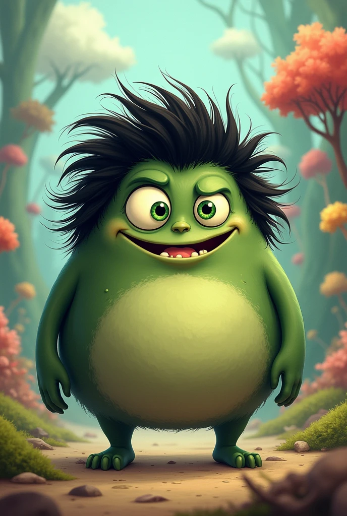 Make a cartoon monster, he is , fat, long and black hair, green eyes.