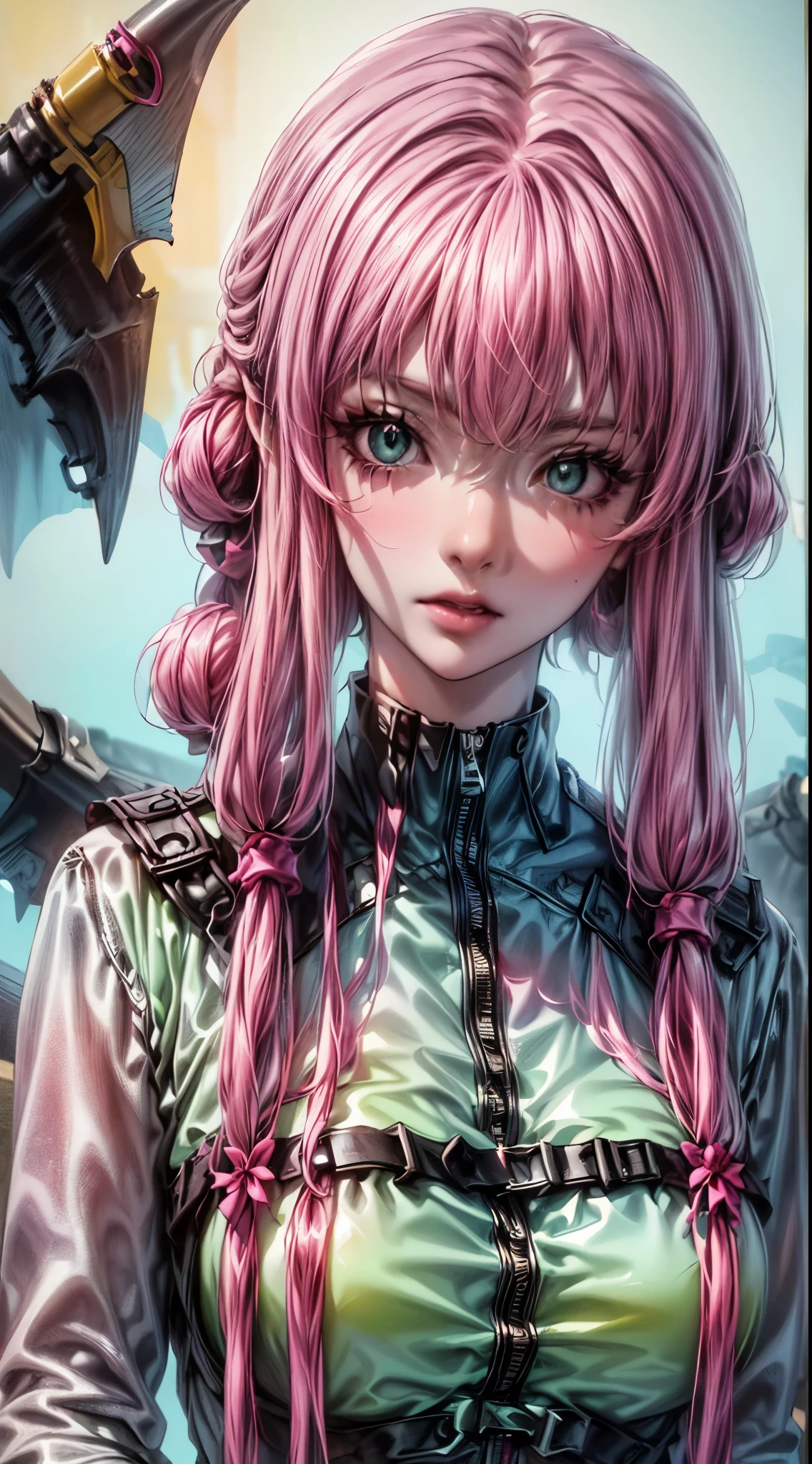 CG K Ultrarealistic ,((premium、8k、32K、masterpiece:1.3)), (superfine illustration)、(super high resolution), (((adult body))), (masterpiece, Best Quality:1.2),a beautiful girl,Skin details processing.....,The eyes are finely described.....,Delicate brown hair Long wavy hair,long light hair,She has a big bow on her head....,Modern clothing ,violet rose, yellow and green,clean background, sensual dynamic pose:1.3