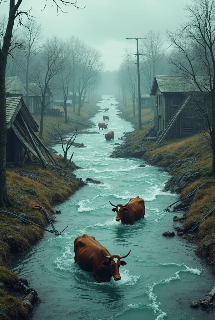 A lot of clamps, trees were broken, houses were destroyed by flood water! Cows are floating in the water, there is a lot of water on the roads.