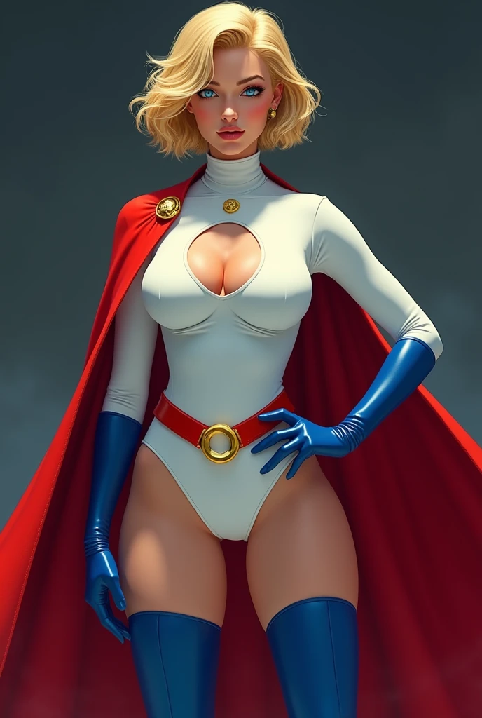 FULL BODY. A FEMALE WITH SHORT BLONDE HAIR, BLUE EYES WEARING A WHITE TURTLE NECK LEOTARD WITH LONG SLEEVES, ROUND CLEAVAGE CUT OUT HOLE ON CHEST, BLUE GLOVES, BLUE BOOTS, A RED BELT WITH A GOLD CIRCLE, A LONG RED CAPE ATTACHED WITH GOLD CLASPS. LARGE BOOBS