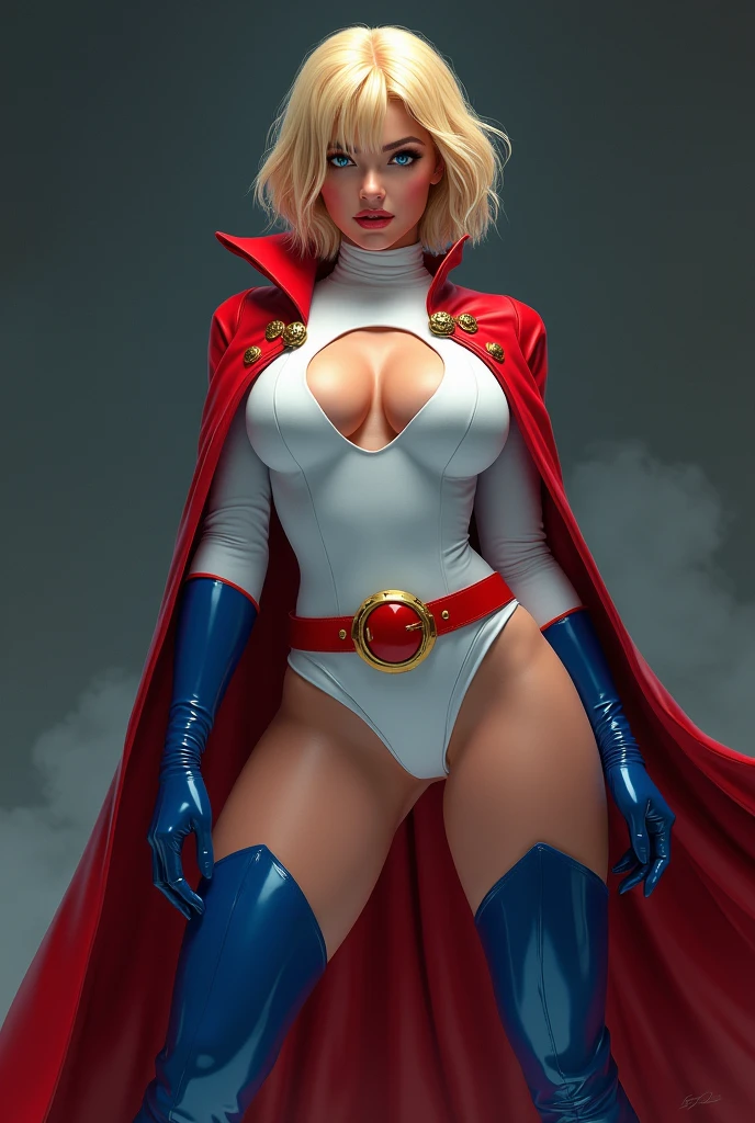 FULL BODY. A FEMALE WITH SHORT BLONDE HAIR, BLUE EYES WEARING A WHITE TURTLE NECK LEOTARD WITH LONG SLEEVES, ROUND CLEAVAGE CUT OUT HOLE ON CHEST, BLUE GLOVES, BLUE BOOTS, A RED BELT WITH A GOLD CIRCLE, A LONG RED CAPE ATTACHED WITH GOLD CLASPS. LARGE BOOBS