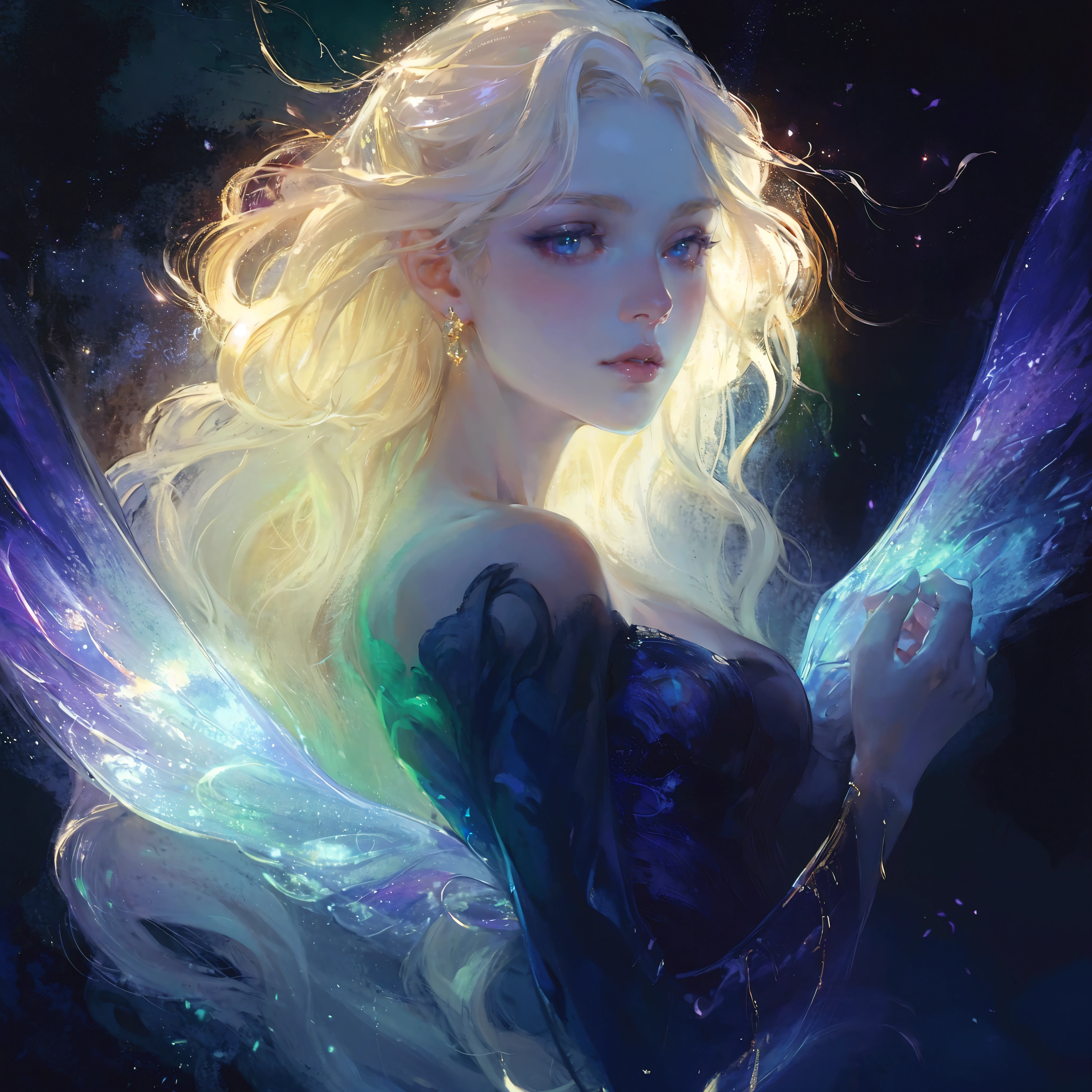 1girl, solo, beautiful detailed eyes, beautifully detailed lips, pale skin, delicate features, porcelain-like complexion, elegant pose, graceful posture, ethereal beauty, light atmosphere, soft and subtle lighting, delicate, fine brushstrokes, realistic rendering, vibrant colors, dreamlike ambiance, soft painting style, a sense of tranquility, a masterpiece capturing the essence of purity and grace, gorgeous breasts, cleavage, sexy, ((aesthetic soft painting background)), (Style by NTY), sexy, ((rainbow glowing specks on the skin)), ((wet skin)), mascara, eyelashes, glitter on her face, sexy lips, nice contrast, light particles, soft lighting, volumetric lighting, finely detailed, ((big breasts)), (((looking at the viewer))), extremely beautiful eyes, Extremely detailed eyes, light-colored eyes, post-Impressionist, rich gradient, extreme colors, extreme details, clear light perception, a fantasy or mythical character, elegant, anime-inspired, delicate features, long white hair, soft lighting, gentle shadows, pastel palette, graceful pose, refined attire, serene mood, romantic, ethereal atmosphere, detailed rendering, contemporary illustration style, subtle highlights, fantastical, ethereal figure