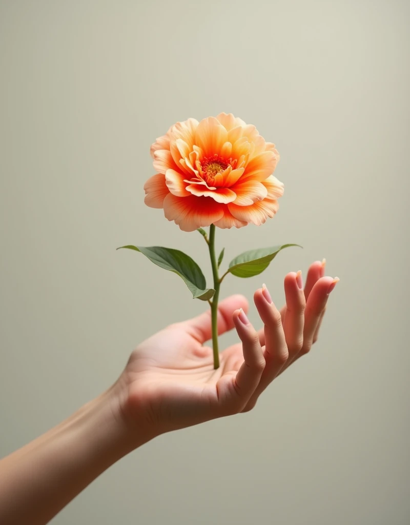 5 perfect fingers on a hand that symbolizes welcome, holding a beautiful flower