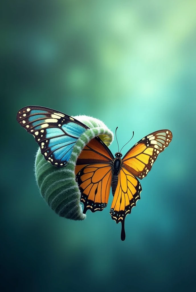 Create an inspiring eBook cover image featuring a vibrant butterfly emerging from a cocoon. The background should be smooth and ethereal, with shades of blue and green, symbolizing transformation and renewal. The butterfly must be detailed and colorful., representing metamorphosis and personal growth.