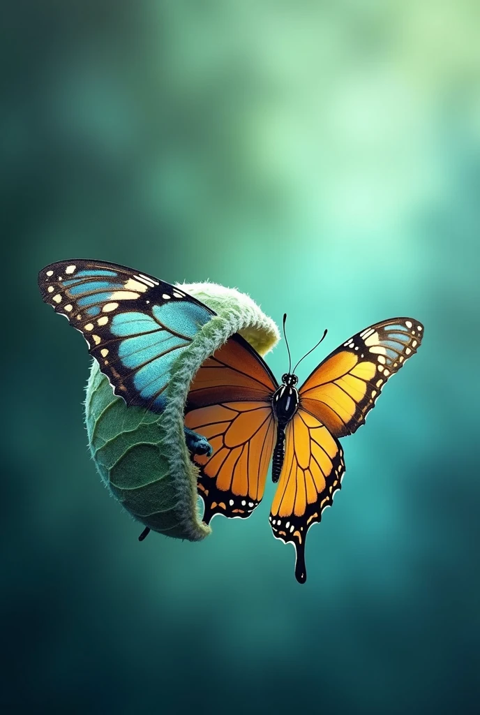 Create an inspiring eBook cover image featuring a vibrant butterfly emerging from a cocoon. The background should be smooth and ethereal, with shades of blue and green, symbolizing transformation and renewal. The butterfly must be detailed and colorful., representing metamorphosis and personal growth.