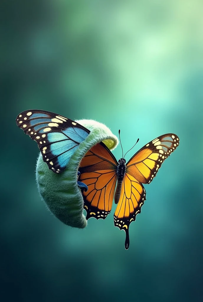 Create an inspiring eBook cover image featuring a vibrant butterfly emerging from a cocoon. The background should be smooth and ethereal, with shades of blue and green, symbolizing transformation and renewal. The butterfly must be detailed and colorful., representing metamorphosis and personal growth.
