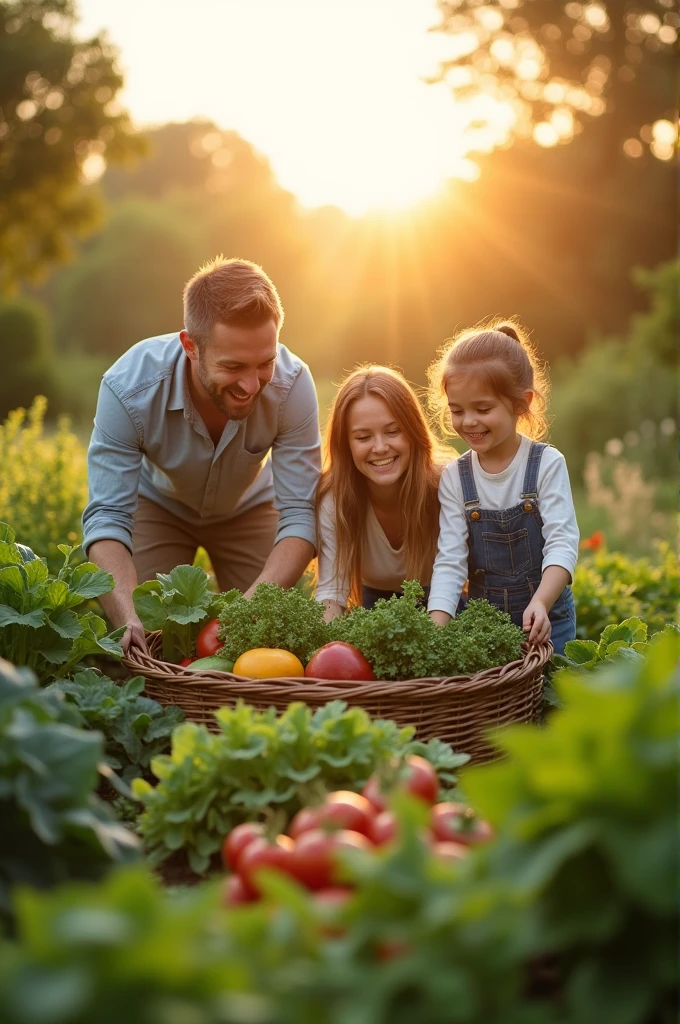 commercial:
Image: A smiling family harvesting fresh vegetables from their garden, with a radiant sun in the background.
