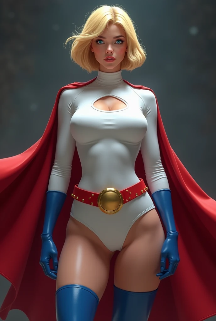 FULL BODY. A FEMALE WITH SHORT BLONDE HAIR, BLUE EYES WEARING A WHITE TURTLE NECK LEOTARD WITH LONG SLEEVES, ROUND CLEAVAGE CUT OUT HOLE ON CHEST, BLUE GLOVES, BLUE BOOTS, A RED BELT WITH A GOLD CIRCLE, A LONG RED CAPE ATTACHED WITH GOLD CLASPS. LARGE BOOBS