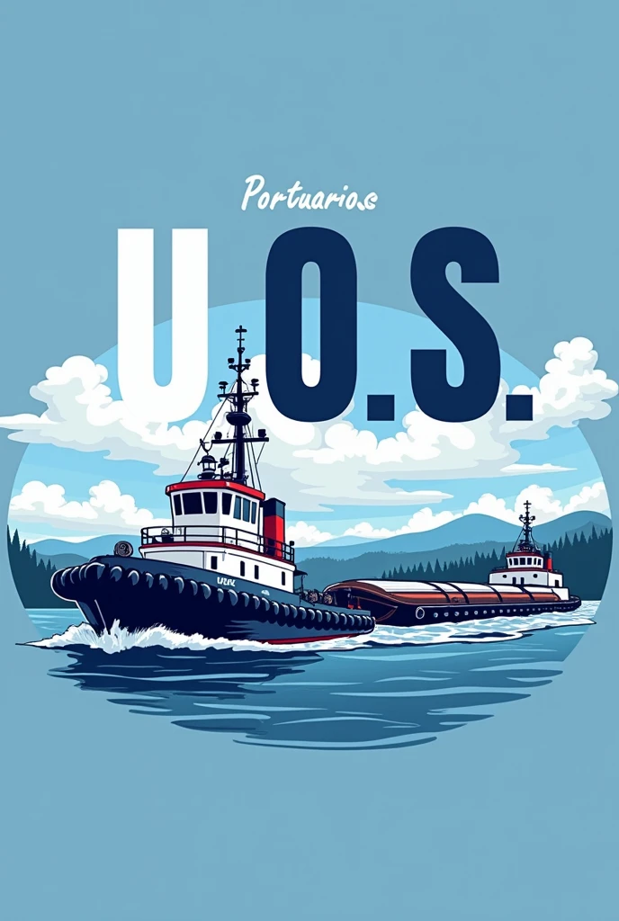 a logo with the letters U.O.s. and the word "PORTUARIOs" in navy blue and white with a tugboat carrying a tanker barge on the TAMENGO canal