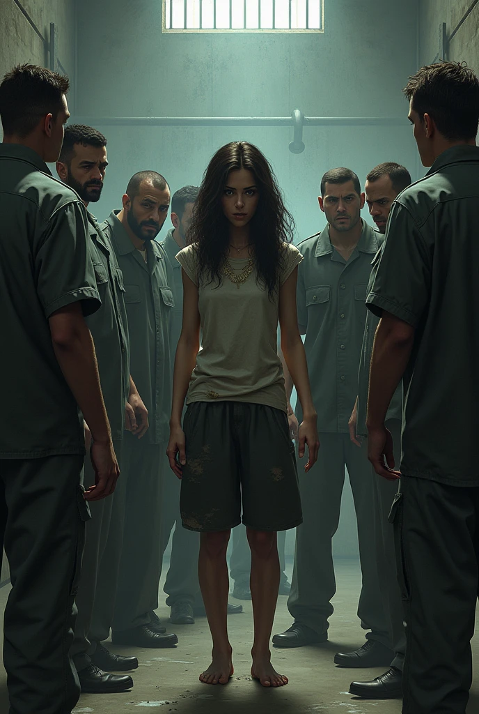 Girl in prison,BITCH,surrounded by men