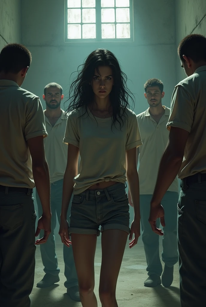 Girl in prison,BITCH,surrounded by men