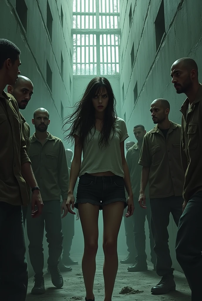Girl in prison,BITCH,surrounded by men
