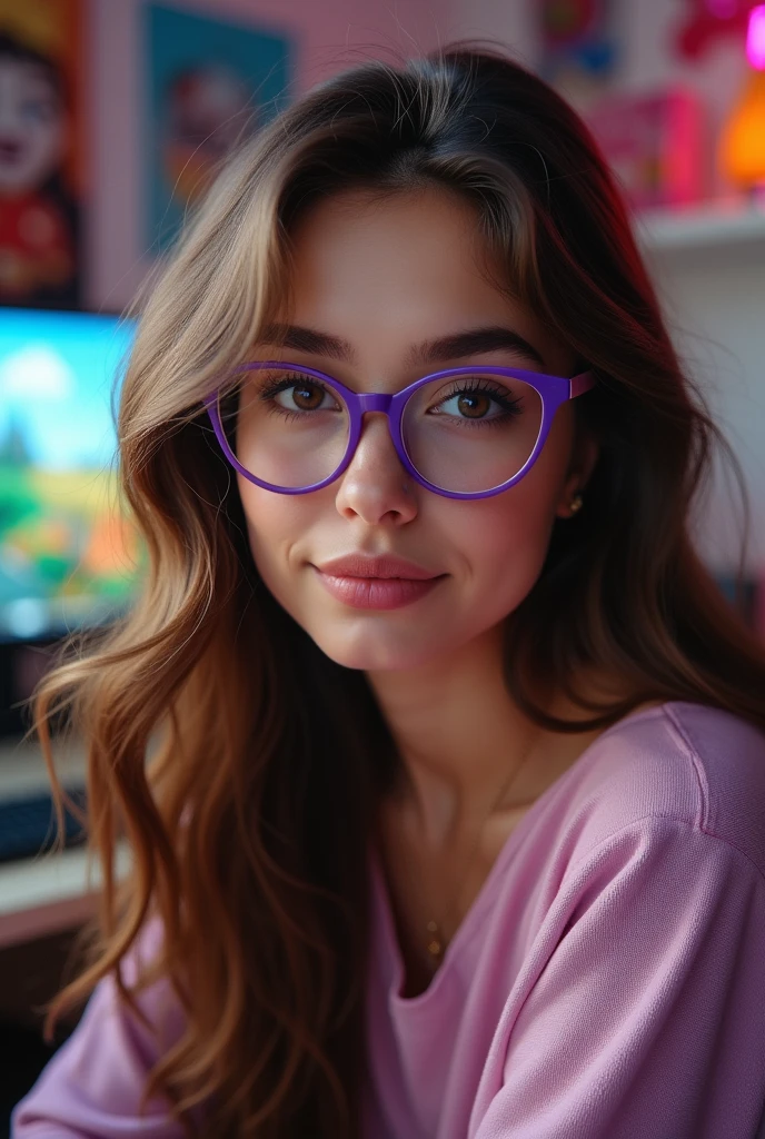 A photo of a beautiful long brown wavy haired girl with brown eyes wearing purple glasses with half slanted eyes in a gamer room with a Disney Pixar Cartoon poster