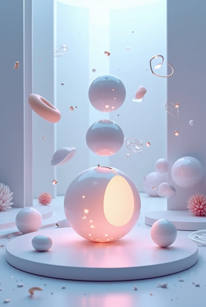 Create a realistic image, 3D, on a landing page, ux design/UI, elementos de diseño 3D, floating, Lights, Shadows