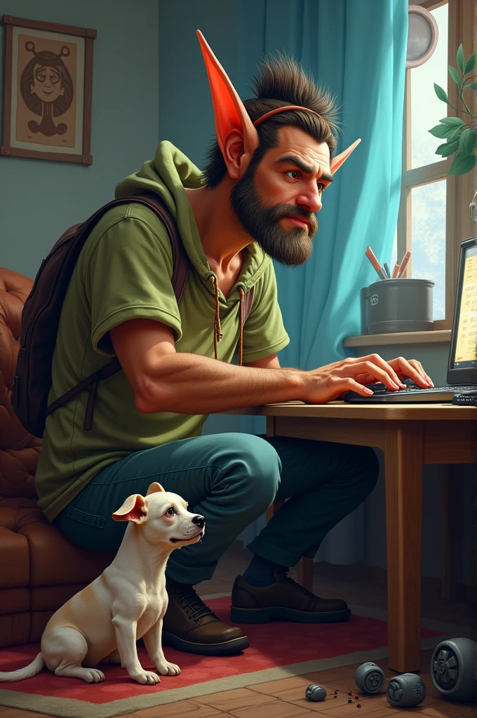 Pointy eared man gamer with extremely small dog crying