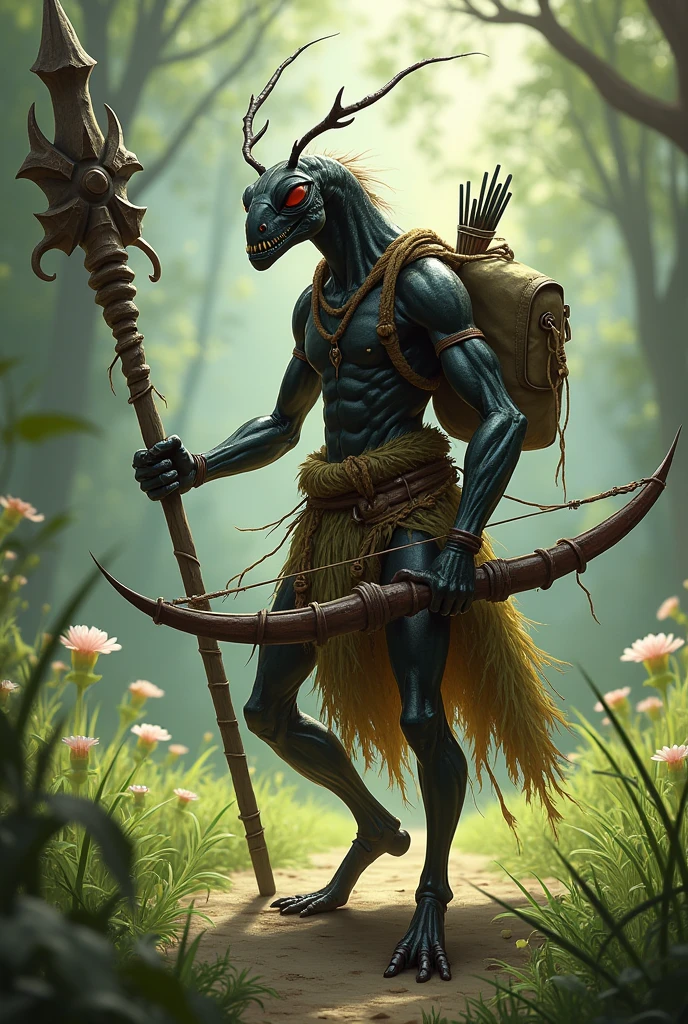 tricrin ant druid of DND, medium height with four arms, staff behind back, crossbow and arrows at waist, small bag over shoulder, no armor, grass skirt held at waist by ropes