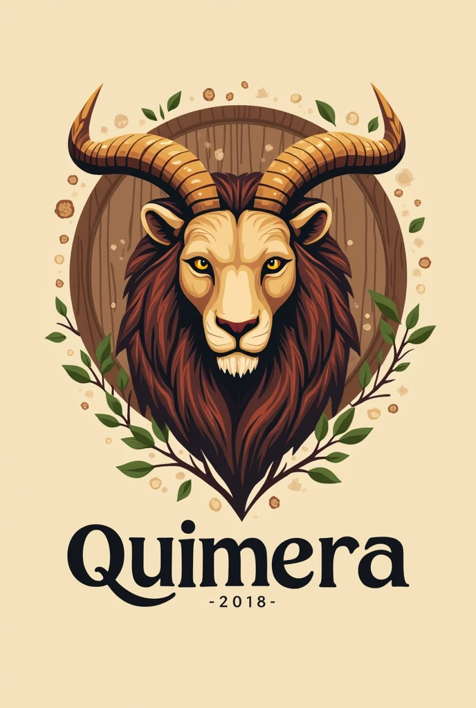 logo with the word QUIMERA related to wood, merging the three animals lion, goat, dragon simple illustration