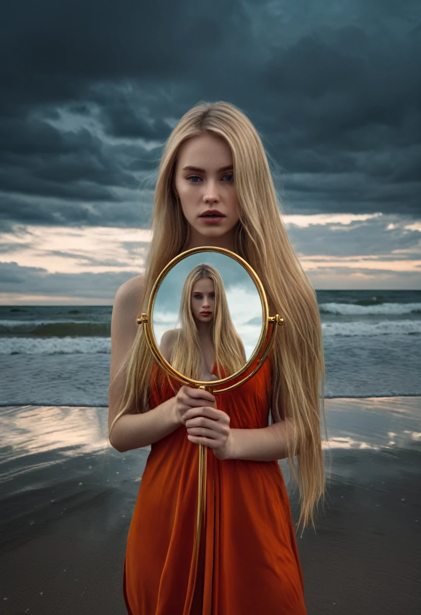 Create a high-quality, 8K ultra-high resolution image of a woman with long, blonde hair standing on a beach, holding a mirror. She is looking at her reflection, which has a blurred face and is gazing directly at the viewer, conveying an eerie and melancholic aura. The background features a breathtaking, overcast sky in shades of gold, red, and orange, adorned with visible galaxies and stars, adding to the somber and otherworldly mood of the scene. Use high contrast and low saturation to emphasize the detailed anatomy-based character design and the emotional depth of the composition.