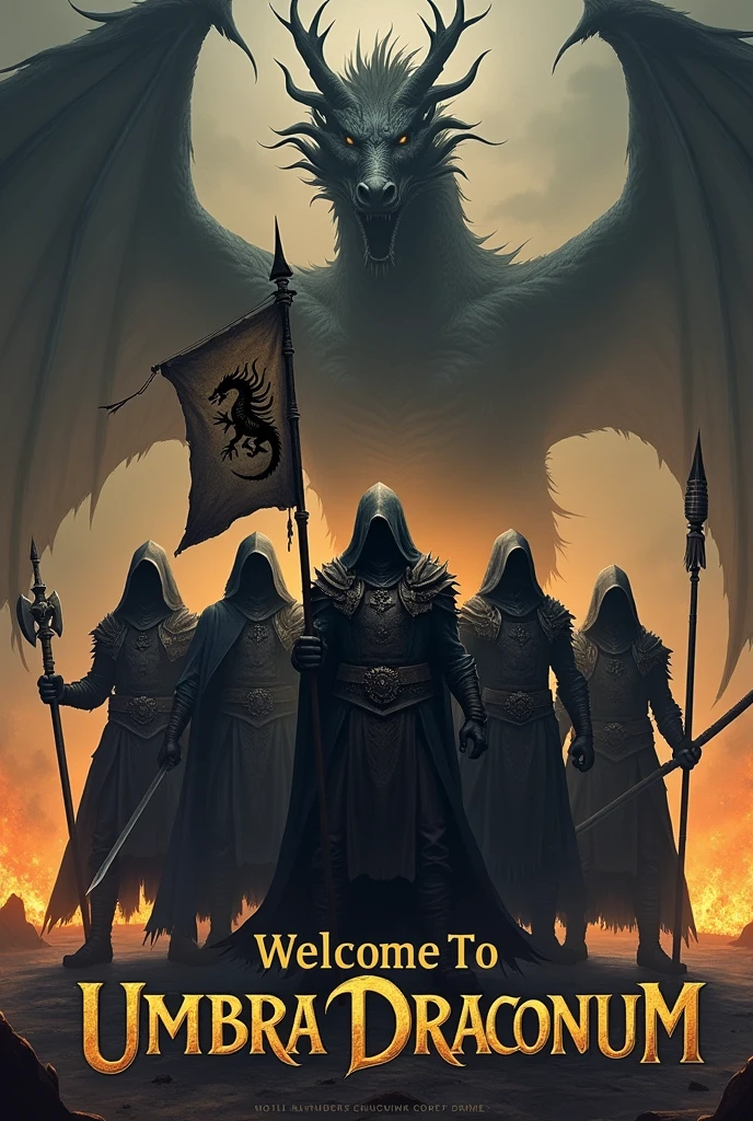 Create me an image with a dark and gloomy tone for a guild cover.
1. Place at the bottom of the image the following text "Welcome to Umbra Draconum". Centered text, first smaller the "Welcome to" and underneath larger and more imposing the text "Umbra Draconum".
2. Place 7 warriors in the style of World of Warcraft or Albion Online, wearing dark clothes and weapons such as axes, swords, ice and fire mage staffs, spears, bows and staffs.
3. The warrior in the center will hold a banner, with a dark yellow flag and a dark red v-shaped line in the middle, and in the center place the logo of a full black dragon.
4. Place in the background flames coming out from the ground in shades of yellow and red, keeping that dark tone.
5. From the bottom of everything should emerge the shadow of a very imposing oriental dragon, this dragon should be seen in its entirety above the banner and the 7 warriors.
Do not omit the text, it is very important.