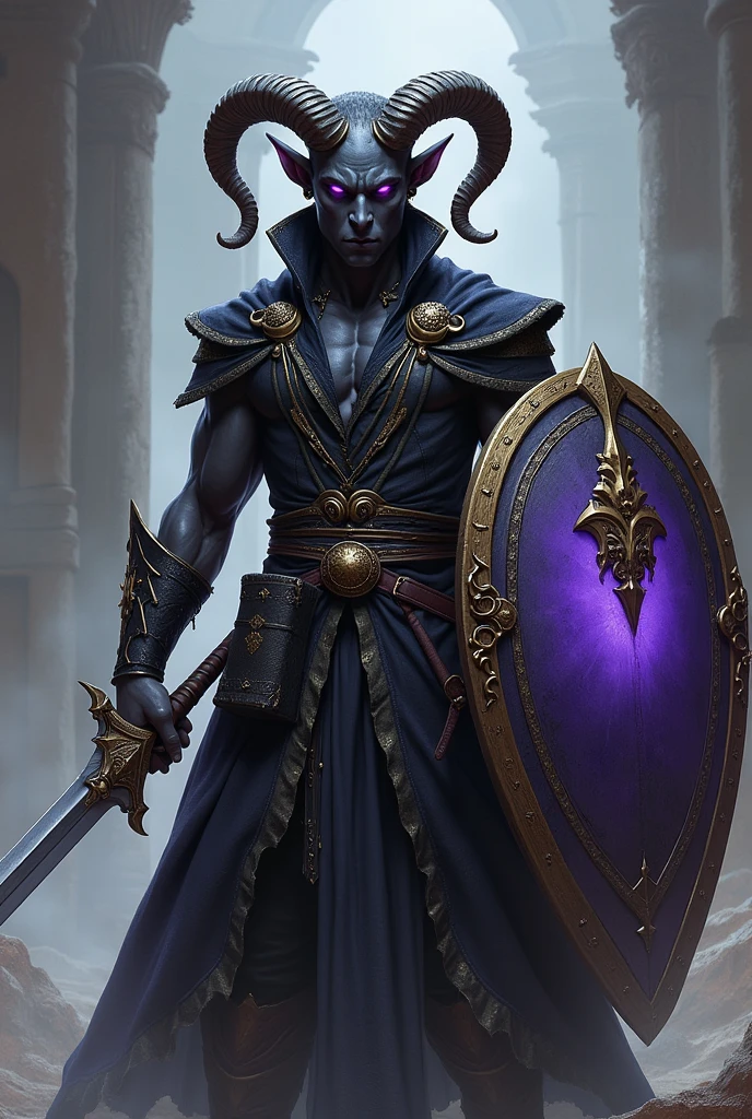 Tiefling male with very curly rams horns, charcoal-black skin. He has a dark-colored, button-less, sleeveless, gold-trimmed jacket and black trousers. He’s bracing to draw his intricately gold-engraved, curved sword from a similarly designed scabbard on his hip. He also has a purple, glowing shield on his back and a book holster on his other hip carrying a black tome.