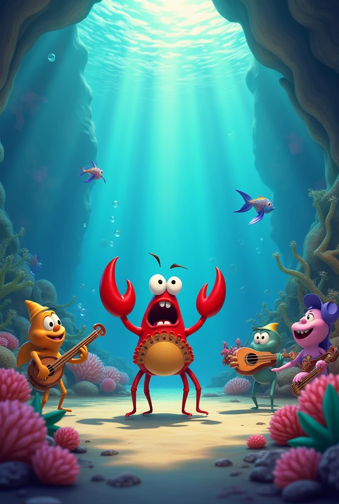 Make Sebastian the crab from the little mermaid singing with various sea animals with happy musical instruments