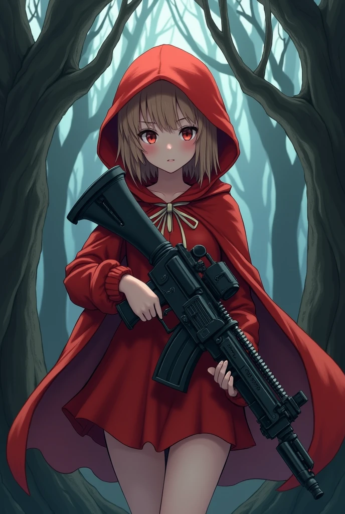 Adult anime style Little Red Riding Hood with a machine gun