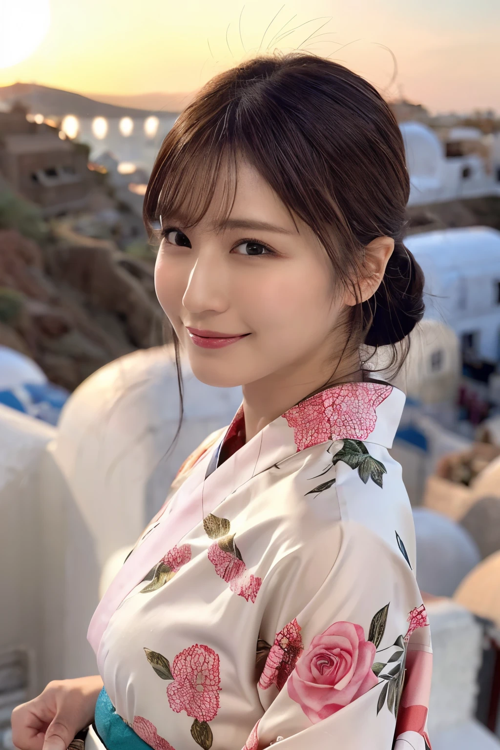 1 person, (Wearing a pink floral kimono.:1.2), Very beautiful Japanese idol portraits, 
(RAW Photos, Highest quality), (Realistic, Realistic:1.4), (masterpiece), 
Very delicate and beautiful, Very detailed, 2k wallpaper, wonderful, finely, Very detailed CG Unity 8k 壁紙, Very detailed, High resolution, Soft Light, 
Beautiful details, Very detailed目と顔, Beautiful and sophisticated nose, Beautiful and beautiful eyes, Cinema Lighting, 
(Commemorative photo on Santorini Island:1.3), (White Building), (blue sky), (Church bells), (Aegean Sea),
(Japanese hairstyle), (Tie your hair at the back:1.3), (bangs), (hairpin), 
Complete Anatomy, Slender body, Small breasts, smile