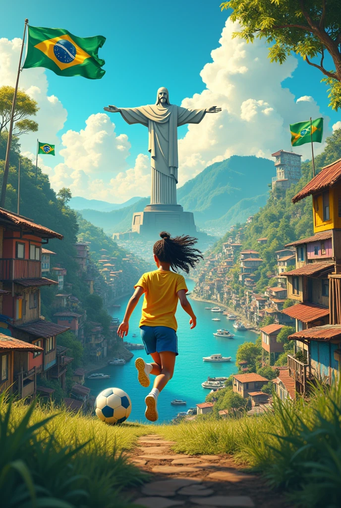 Image with Christ the Redeemer, favelas, blue movie river, Neymar, Brazil's flag, girl, playa, soccer ball without human, mural
