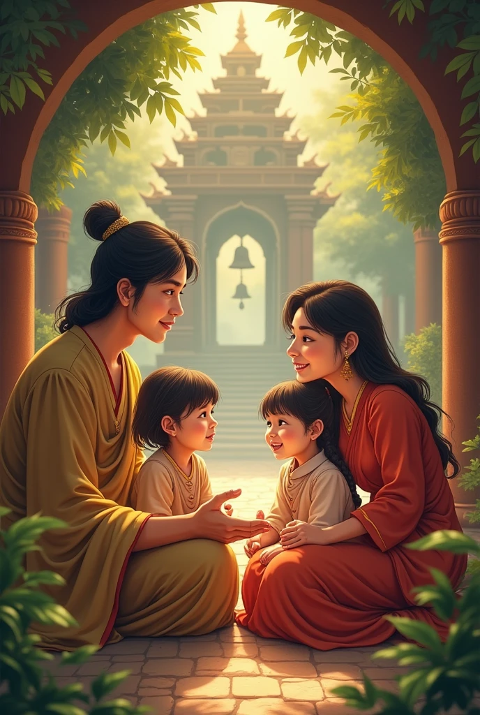cartoon, mom and kids, thai style, boy and girl, crop tight , colorful