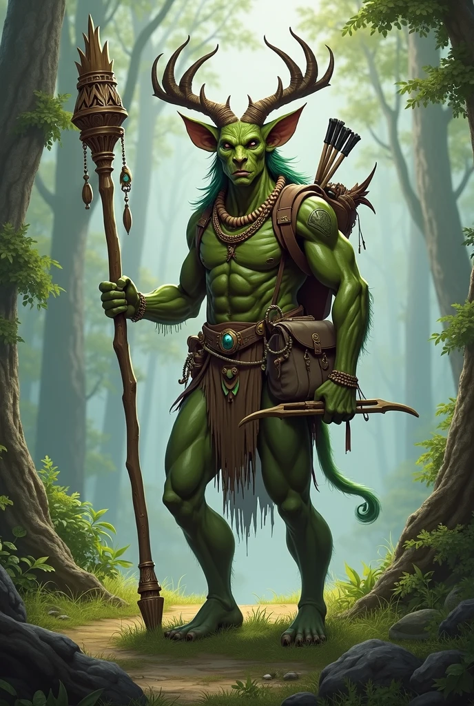 a tricrin druid of medium height with four arms, a staff behind his back, a crossbow and arrows at his waist, a small bag over his shoulder, no armor.
