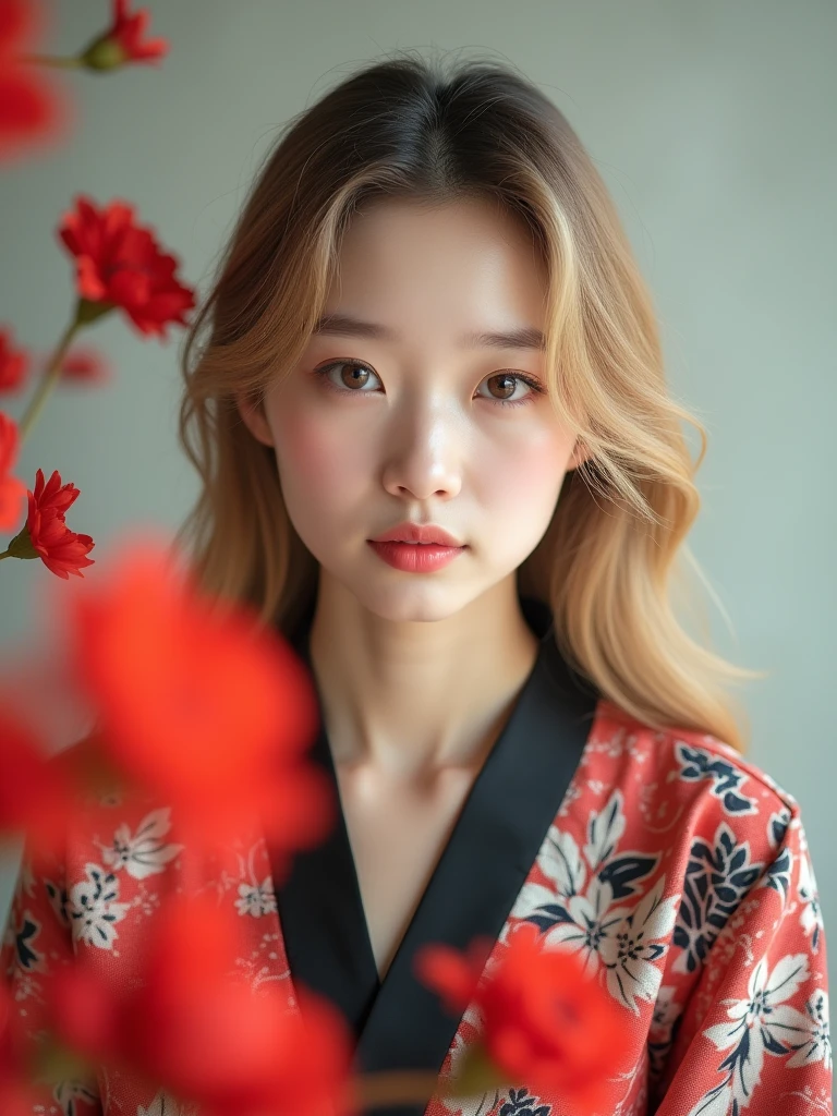 A high-quality portrait photograph of a Chinese woman with fair skin and long, wavy blonde hair. She has delicate facial features, including full lips with a natural pink hue, and light brown eyes. The subject is wearing a floral-patterned garment with red, white, and black colors, which adds a vibrant contrast to the soft, neutral background. The composition includes blurred red flowers in the foreground, creating a dreamy and ethereal effect. The lighting is soft and natural, highlighting the subject's serene expression and the intricate details of her attire and surroundings.