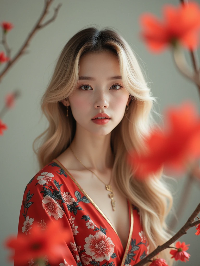 A high-quality portrait photograph of a Chinese woman with fair skin and long, wavy blonde hair. She has delicate facial features, including full lips with a natural pink hue, and light brown eyes. The subject is wearing a floral-patterned garment with red, white, and black colors, which adds a vibrant contrast to the soft, neutral background. The composition includes blurred red flowers in the foreground, creating a dreamy and ethereal effect. The lighting is soft and natural, highlighting the subject's serene expression and the intricate details of her attire and surroundings.