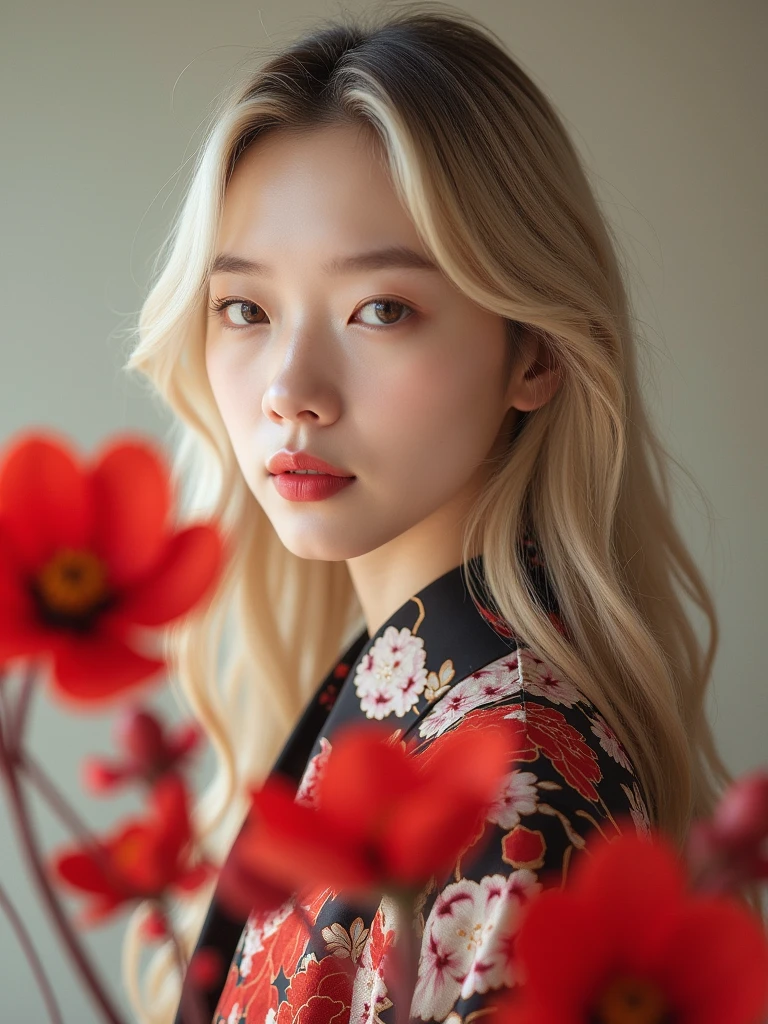A high-quality portrait photograph of a Chinese woman with fair skin and long, wavy blonde hair. She has delicate facial features, including full lips with a natural pink hue, and light brown eyes. The subject is wearing a floral-patterned garment with red, white, and black colors, which adds a vibrant contrast to the soft, neutral background. The composition includes blurred red flowers in the foreground, creating a dreamy and ethereal effect. The lighting is soft and natural, highlighting the subject's serene expression and the intricate details of her attire and surroundings.