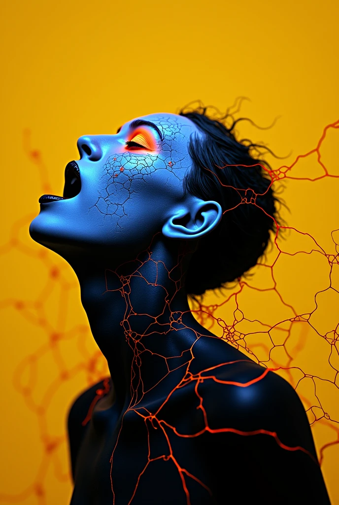 a close up of a person with a glowing face and body, glowing red veins, fractal veins. cyborg, red glowing veins, glowing veins, bright glowing veins, human glowing, tomasz alen kopera and cgsociety, melted cyborg, inspired by Mike Winkelmann, woman made of black flames, digital art 4k unsettling, detailed glowing head