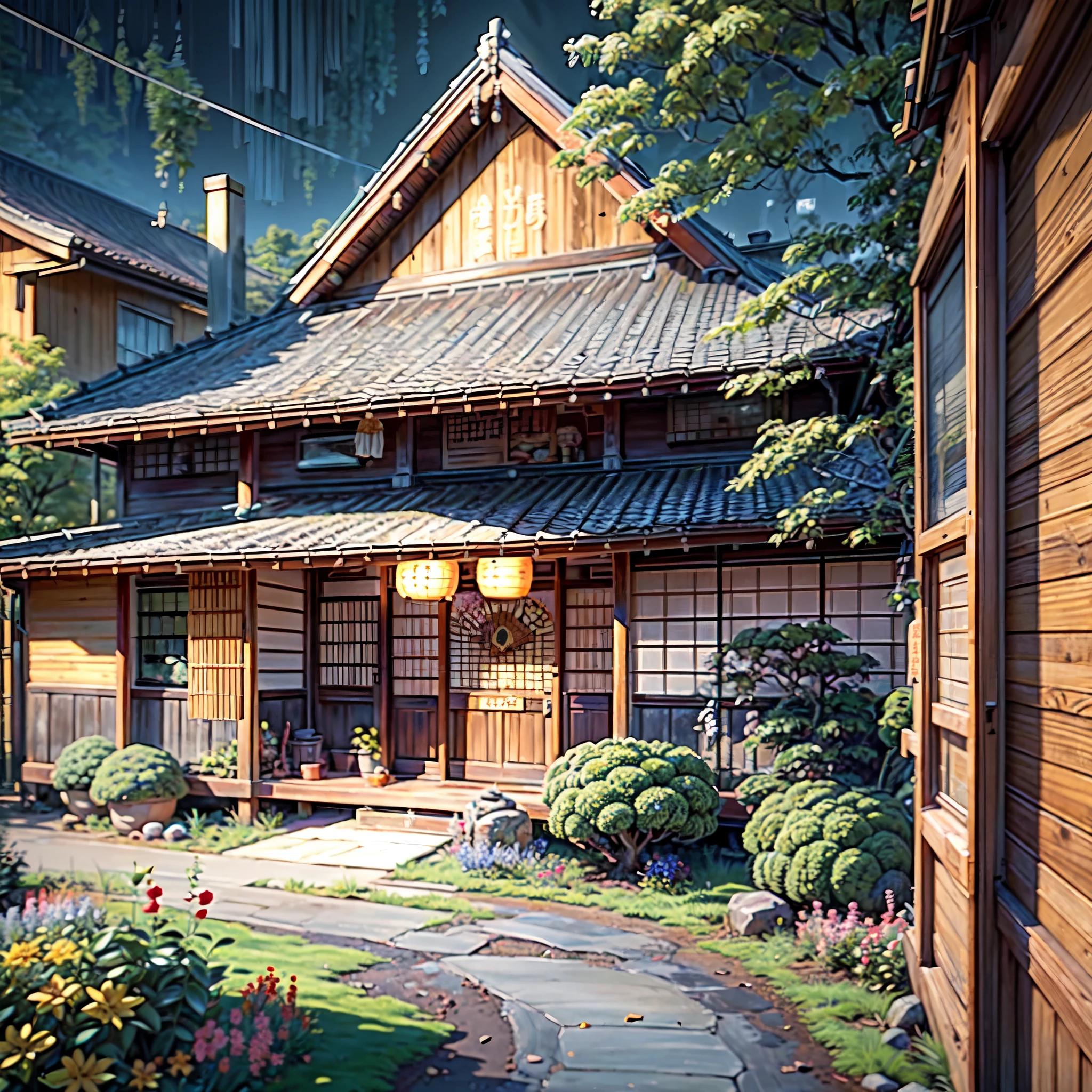 ((solo traditional wooden Japanese house:1.2)), Japanese banner with Japanese writing hanging above the door, street lamp illuminating the scene, camera facing the front of the house, in the wilderness, rural, trees, overgrown plants, vibrant flowers, exotic flowers, night time, dark, anime style, anime, lofi, lofi vibe, ((best quality:1.5)), ((masterpiece:1.5)), ((highly detailed:1.3)), ((anime aesthetic:1.2)), no one, no people,
