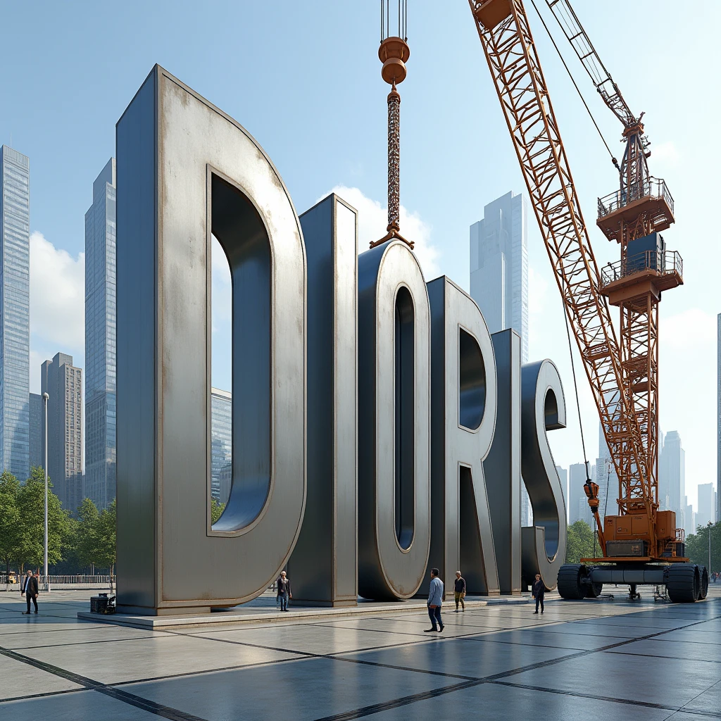 Placing these giant thick letters DIORIS using a crane