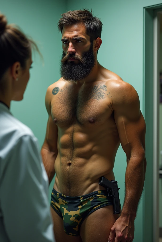 Strong, hairy, bearded mixed-race young man in camouflage underwear, taking off his underwear in front of a female doctor, with a pistol at his waist.