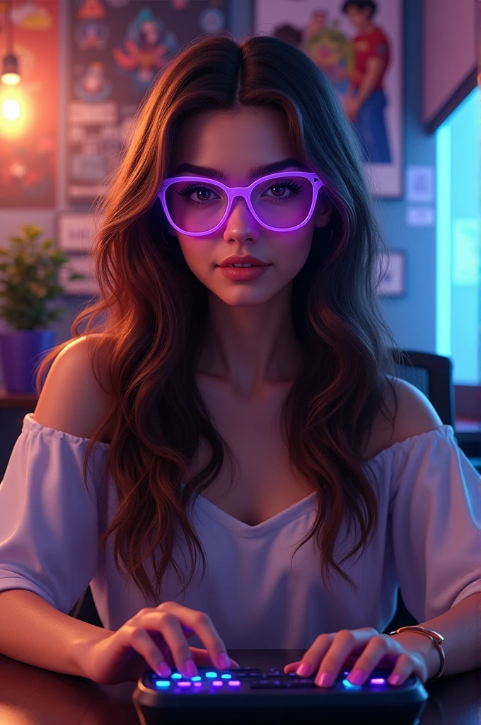 A woman with long wavy hair and brown eyes, half pulled down, wears purple glasses in a gamer room with a Disney poster 