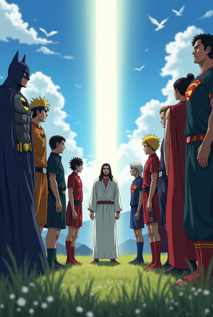 batman, superman, naruto, super eleven, captain tsubasa, boruto, Goku, gohan totals heros listening to Jesus preach the gospel