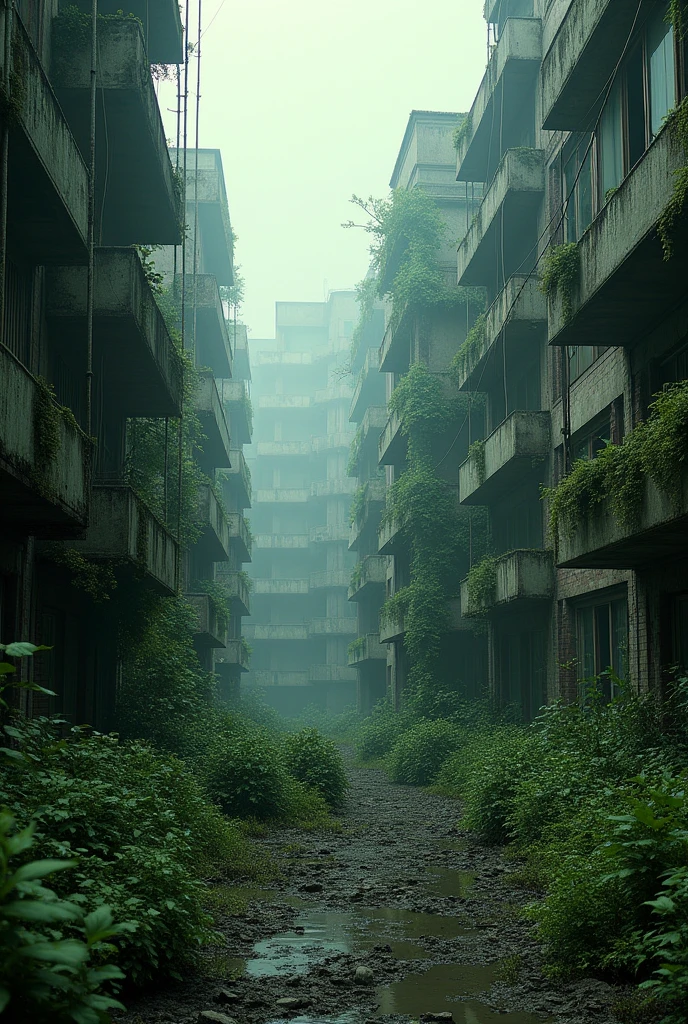 a surreal abandoned ruined decaying dilapidated overgrown city, buildings consumed by nature, Armageddon aftermath, dark moody atmosphere, dramatic lighting, cinematic composition, (best quality,4k,8k,highres,masterpiece:1.2),ultra-detailed,(realistic,photorealistic,photo-realistic:1.37),HDR,UHD,studio lighting,ultra-fine painting,sharp focus,physically-based rendering,extreme detail description,professional,vivid colors,dystopian,post-apocalyptic,cinematic,dramatic,dark,moody