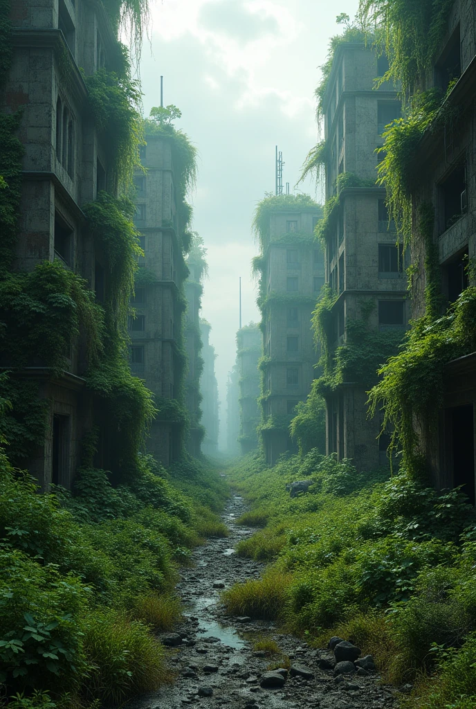a surreal abandoned ruined decaying dilapidated overgrown city, buildings consumed by nature, Armageddon aftermath, dark moody atmosphere, dramatic lighting, cinematic composition, (best quality,4k,8k,highres,masterpiece:1.2),ultra-detailed,(realistic,photorealistic,photo-realistic:1.37),HDR,UHD,studio lighting,ultra-fine painting,sharp focus,physically-based rendering,extreme detail description,professional,vivid colors,dystopian,post-apocalyptic,cinematic,dramatic,dark,moody