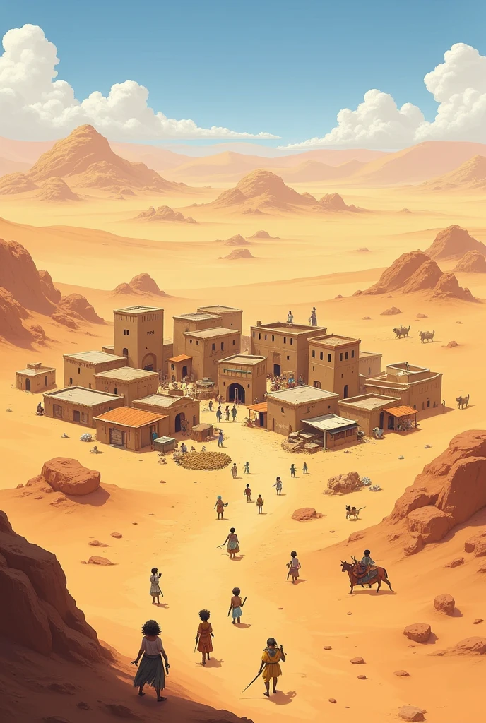 Dry desert country with houses people around animated