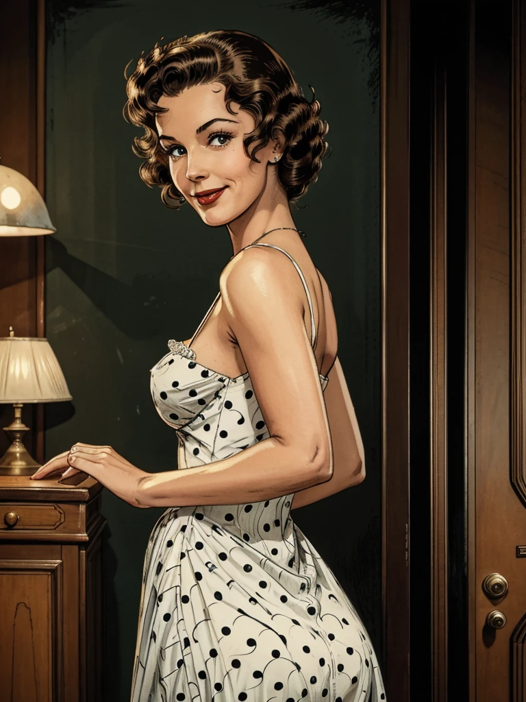 The vintage advertisement appears to celebrate 1950s domesticity at first glance. In the foreground, a smiling housewife poses holding a vintage vacuum, embodying the can-do attitude of the era's homemakers. She wears a classic polka-dot dress with a modest sweetheart neckline that hints at her shapely figure and large breasts. Perfectly coiffed brunette curls frame her made-up face.
In the background is a horrible, horrible, scary, frightening monster,  a horrible, horrible, scary, frightening monster,  a horrible, horrible, scary, frightening monster, staring directly at the housewife's ass. Blending the saccharine-sweet feminine ideals of the era with a full-blown sci-fi horror beyond imagination!