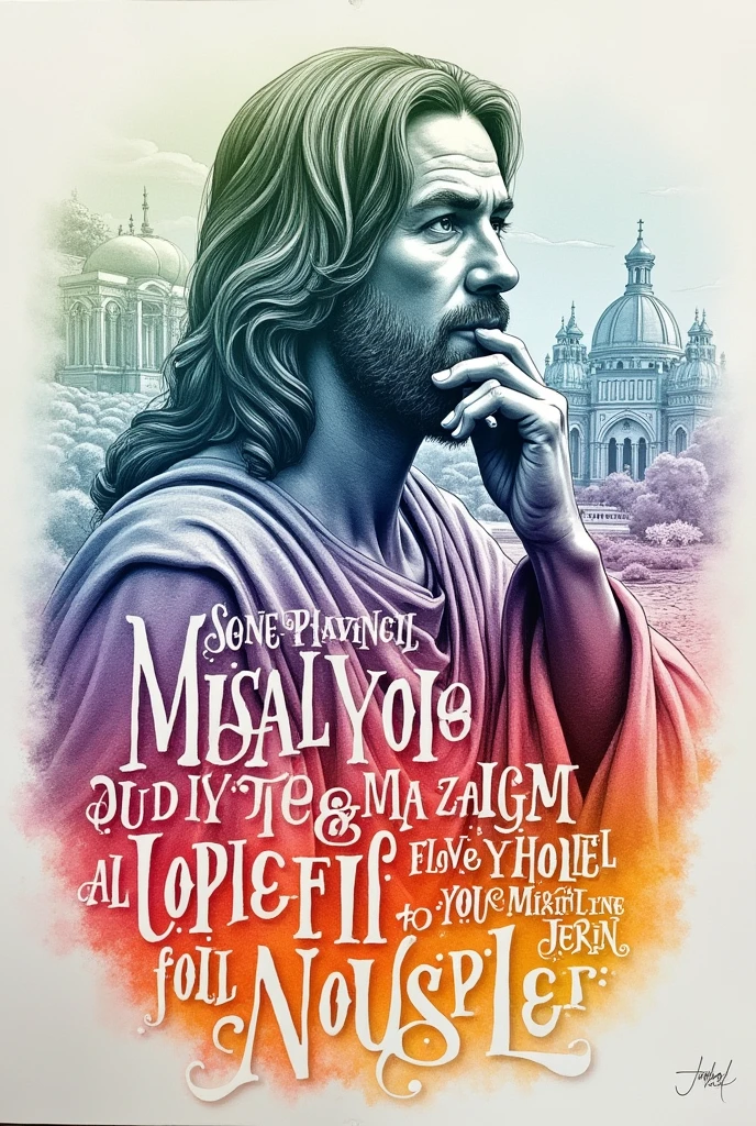 Bible verses in colored graphite font with a drawing of the disciple or place of passage.