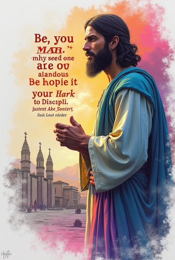 Bible verses in colored graphite font with a drawing of the disciple or place of passage.
