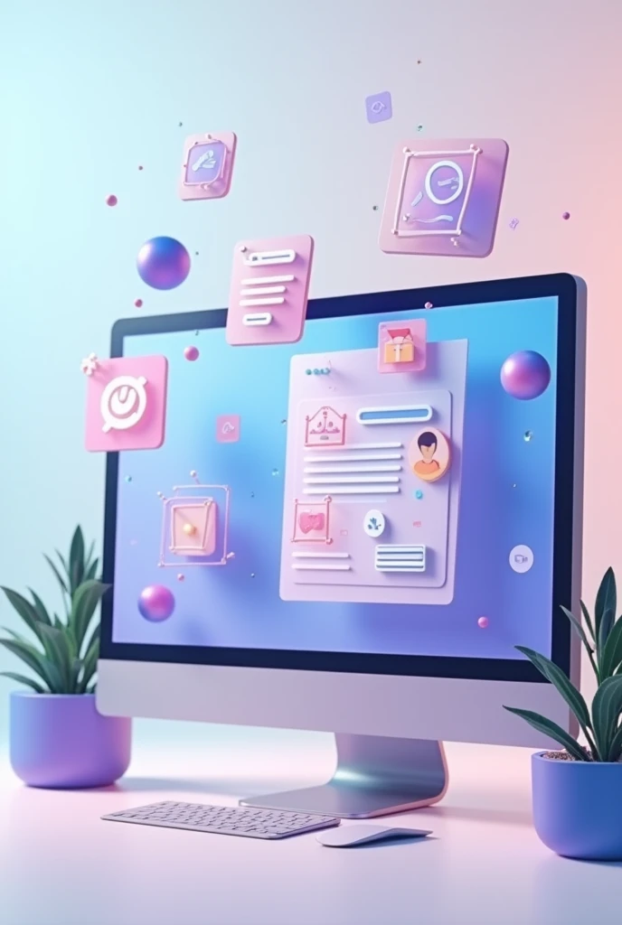 Create a realistic, 3D-rendered image of a landing page focused on UX/UI design, featuring floating design elements. The landing page should be displayed on a modern, sleek computer monitor, with various design elements such as buttons, forms, and icons floating around the screen. The elements should have a 3D appearance with realistic lighting and shadows, giving the image depth. The scene should include dynamic lighting, with some elements casting subtle shadows on the background. The overall design should feel modern, professional, and visually engaging, emphasizing a clean and user-friendly interface.