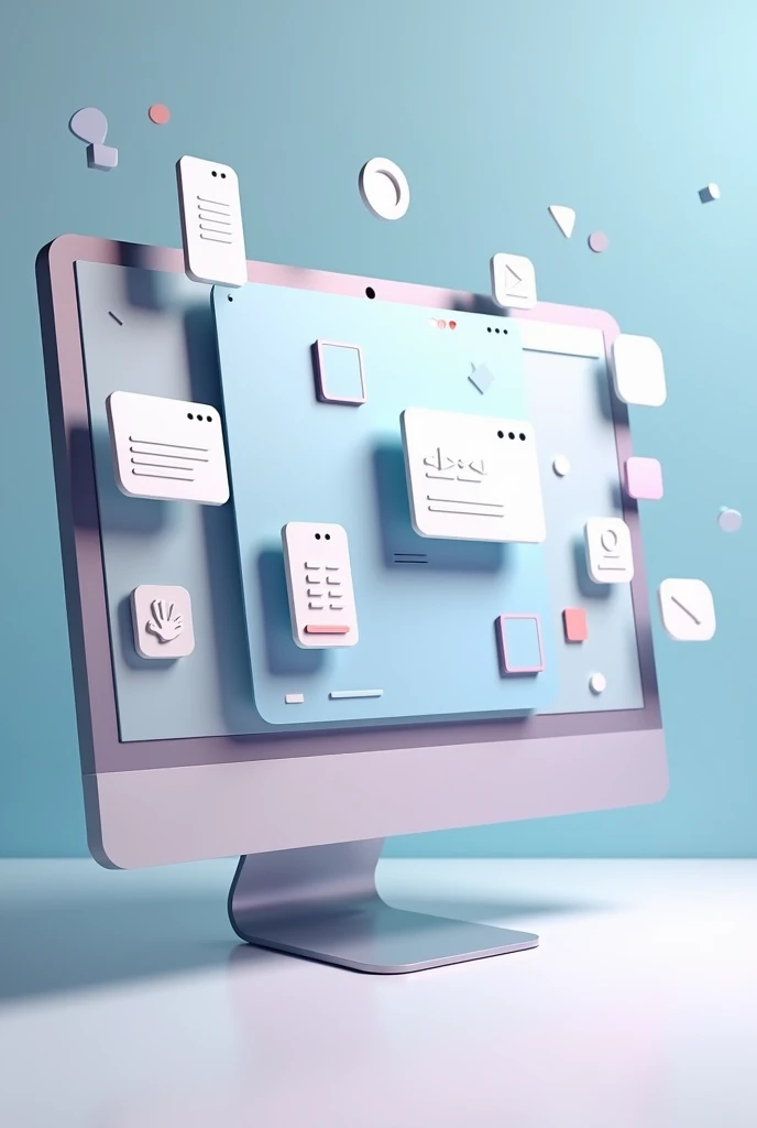 Create a realistic, 3D-rendered image of a landing page focused on UX/UI design, featuring floating design elements. The landing page should be displayed on a modern, sleek computer monitor, with various design elements such as buttons, forms, and icons floating around the screen. The elements should have a 3D appearance with realistic lighting and shadows, giving the image depth. The scene should include dynamic lighting, with some elements casting subtle shadows on the background. The overall design should feel modern, professional, and visually engaging, emphasizing a clean and user-friendly interface.