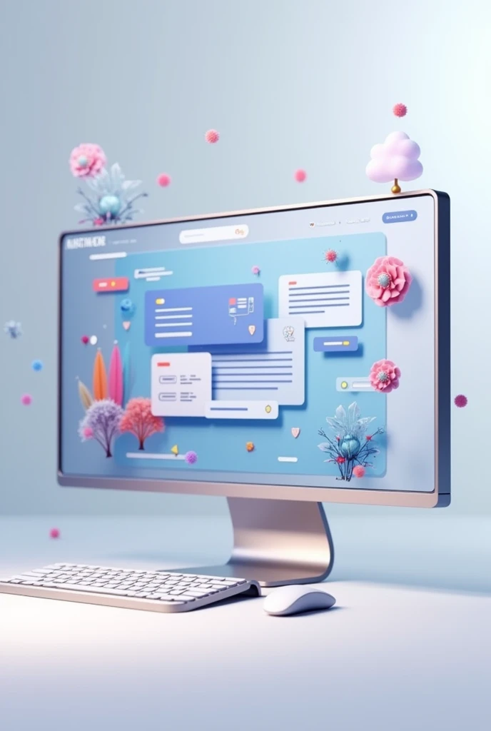 Create a realistic, 3D-rendered image of a landing page focused on UX/UI design, featuring floating design elements. The landing page should be displayed on a modern, sleek computer monitor, with various design elements such as buttons, forms, and icons floating around the screen. The elements should have a 3D appearance with realistic lighting and shadows, giving the image depth. The scene should include dynamic lighting, with some elements casting subtle shadows on the background. The overall design should feel modern, professional, and visually engaging, emphasizing a clean and user-friendly interface.