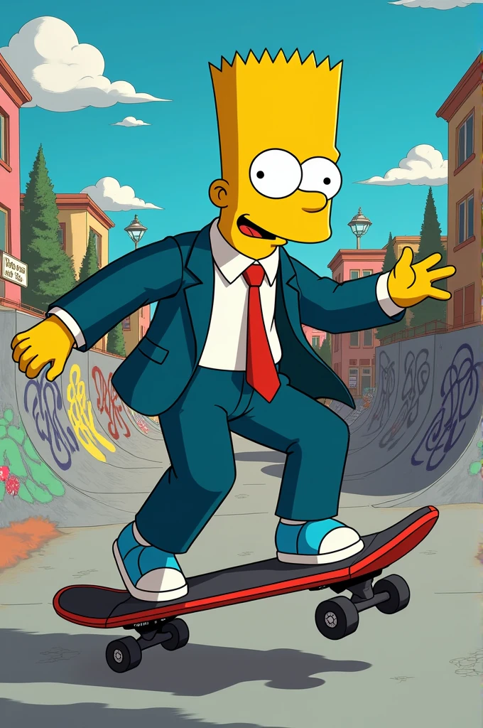 The Simpsons character (Bart) in Skype suit on a skateboard with skate park background