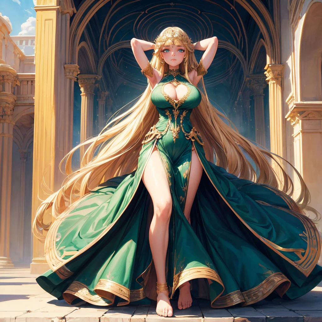 (best quality)) ((masterpiece)) human, 1woman, ((full-body-point-of-view-1)), ((stern facial expression)), huge_breasts_1, solo, long_hair, ((1green eyes)), ((light_blonde_hair)), ((stern face)), looking_at_viewer, massive_breasts_1, wide_hips_1, freckles, gold_trim, very_long_hair, gold_jewelry, bangs, ((regal dress)), beautiful_scenery_background, ((perfect green eyes)), ((highest quality)), ((excellent quality)), ((best quality)), 2arms-1, ((feet-1)), ((hands behind head))